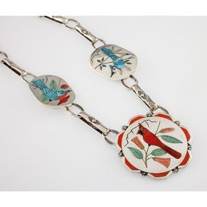 Vintage Harlan & Monica Coonsis Zuni Turquoise & Coral Bird Sterling Necklace